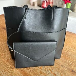 Vegan Leather Black Tote Bag with Clutch